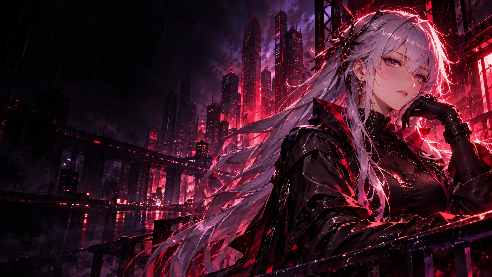 红紫霓虹城市中的银发成年角色，原创ACG主题插画